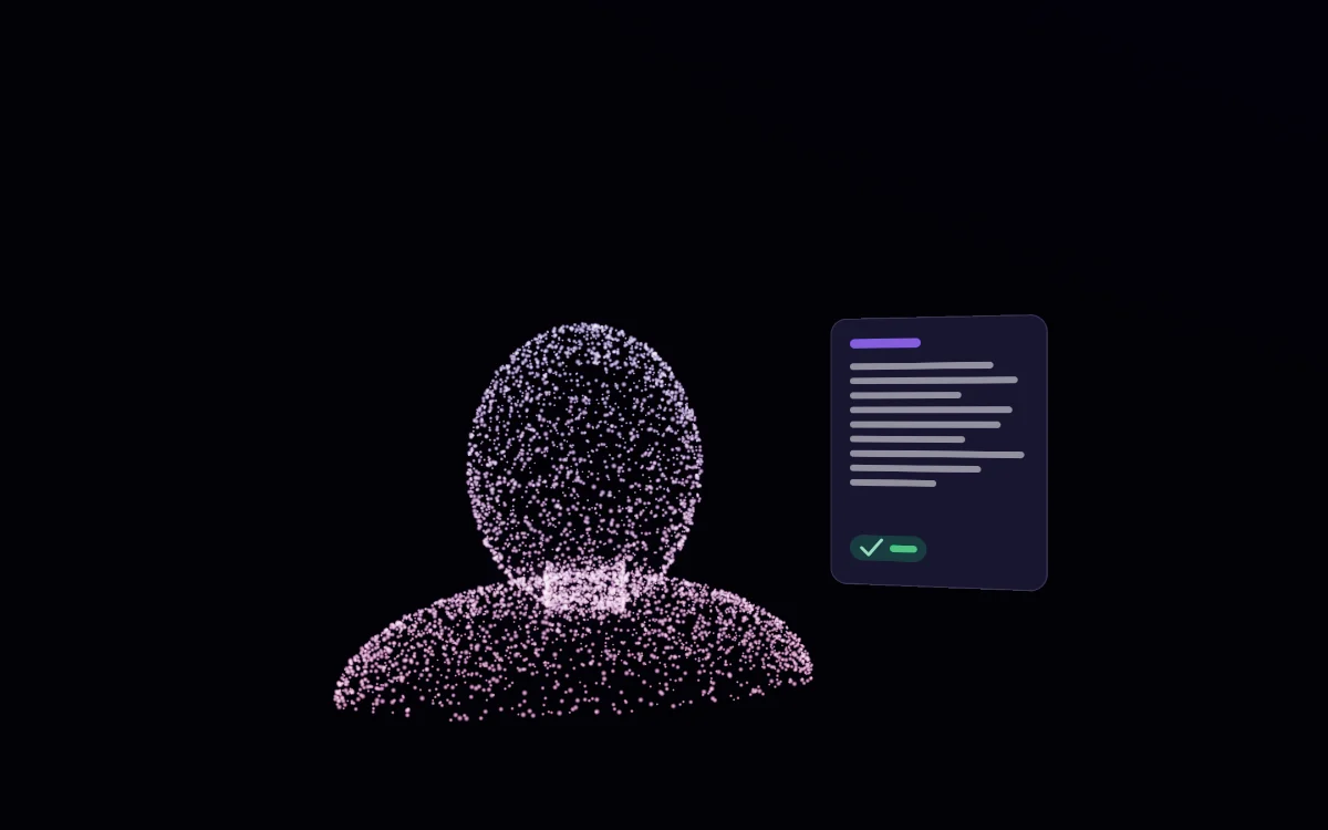 A head and shoulders made of thousands of points of light, beside a written sheet with a tick