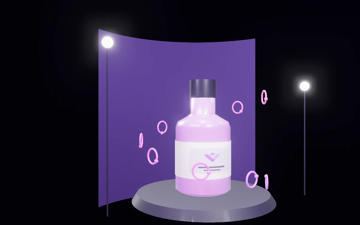 A bottle on a plinth with nine small dials around it and a curved backdrop behind