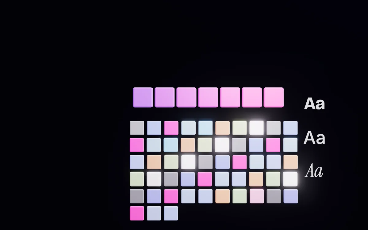 Sixty colour chips settled into a grid with the palette's seven in a row above, and three type specimens beside them